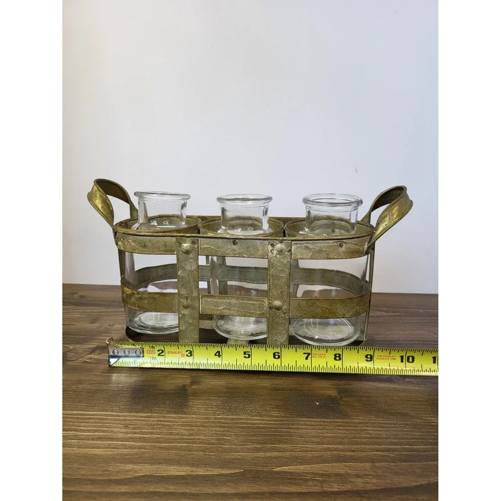 Farmhouse Gold Metal Caddy with 3 Glass Bud Vases Rustic Industrial Decor